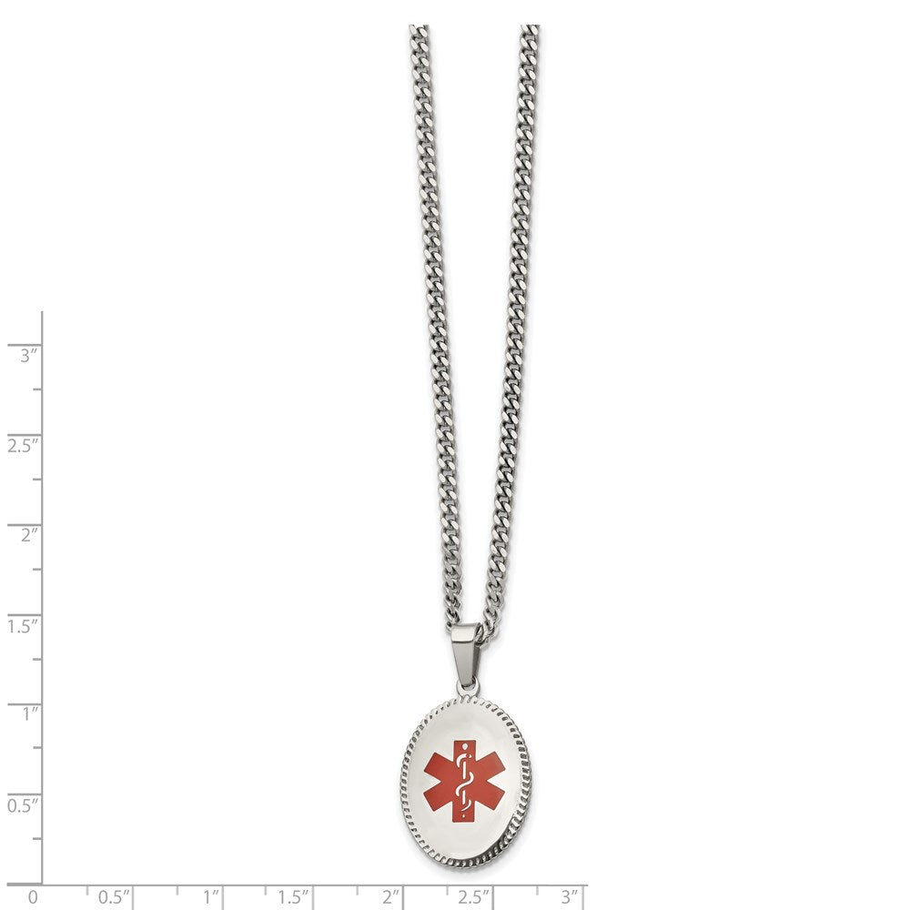 Stainless Steel Polished w/Red Enamel Oval Medical ID 20in Necklace
