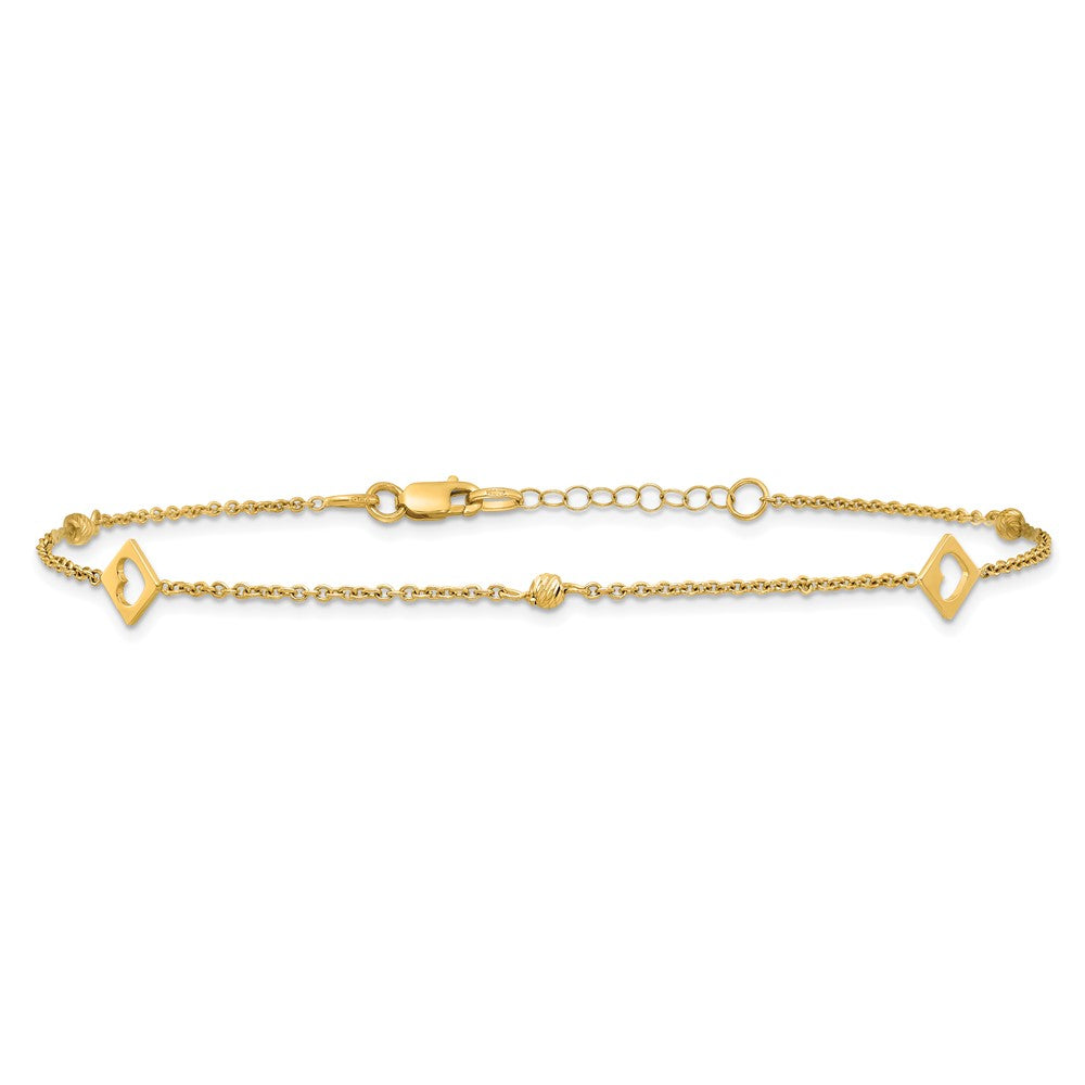 14k Polished Cut-out Hearts and Diamond-cut Beads 9 inch with 1 inch Extender Anklet