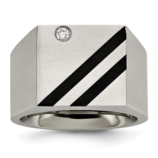 Stainless Steel Brushed Black IP-plated w/CZ Signet Ring Size - 10