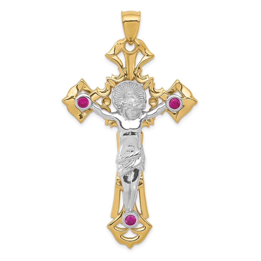 Quality Gold 14k Two-tone Polished with Red CZs Crucifix Pendant