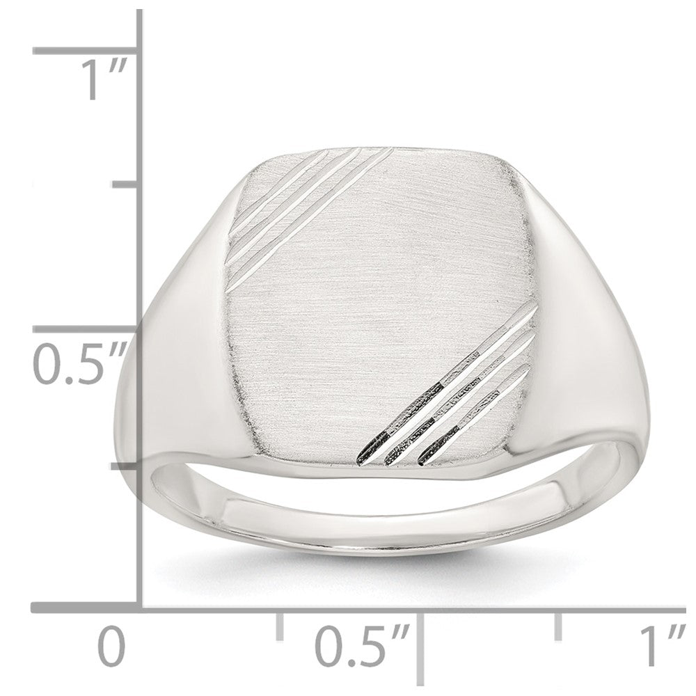Sterling Silver Polished Brushed and Grooved 15.3mm x 13.2mm Rectangle Closed Back Size 11 Mens Signet Ring