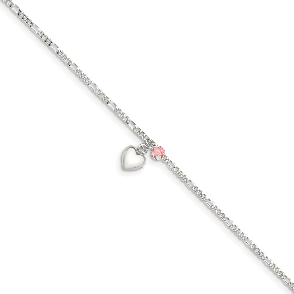Sterling Silver Cherry Quartz Dangling Hearts on Figaro Link Anklet 10 inches