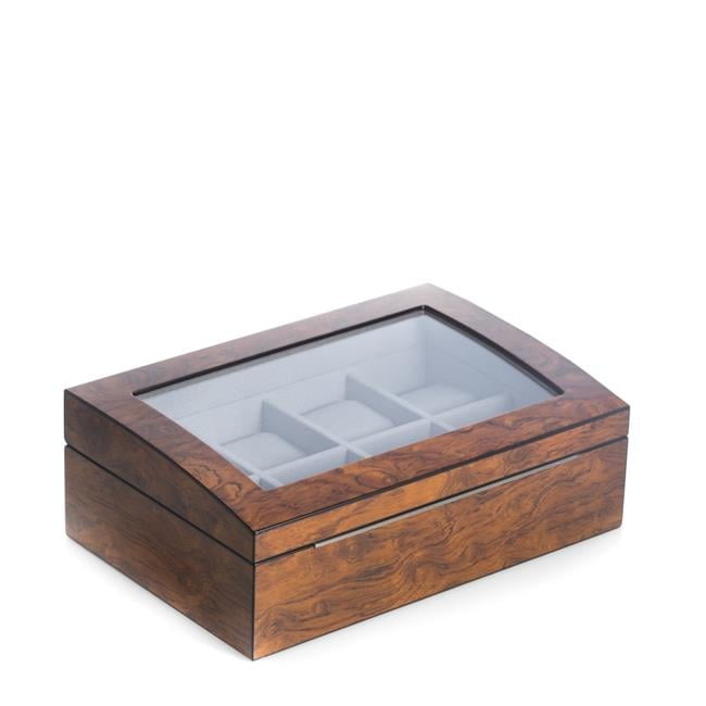 Bey-Berk International BB680BRL Lacquered Brown Burl Wood 8 Watch Case with Glass Top