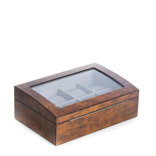 Bey-Berk International BB680BRL Lacquered Brown Burl Wood 8 Watch Case with Glass Top