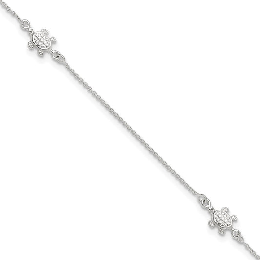 Sterling Silver Turtle 9 inch Plus 1 inch Ext. Anklet 9 inches