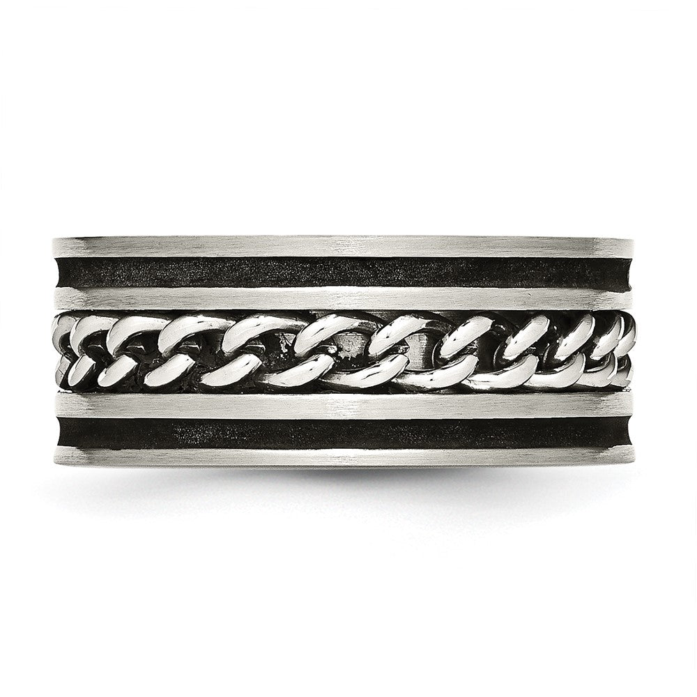 Stainless Steel Brushed & Polished Black IP-plated Chain Inlay 10mm Band Size - 13.5