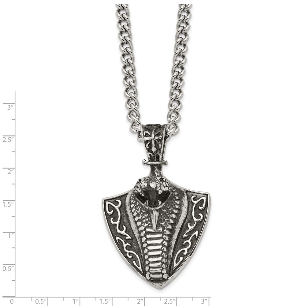 Stainless Steel Antiqued and Polished Snake on Shield 30in Necklace