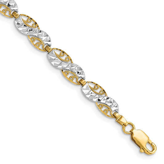 14K and White Rhodium Diamond-Cut Filigree Link Bracelet 7.5  inches