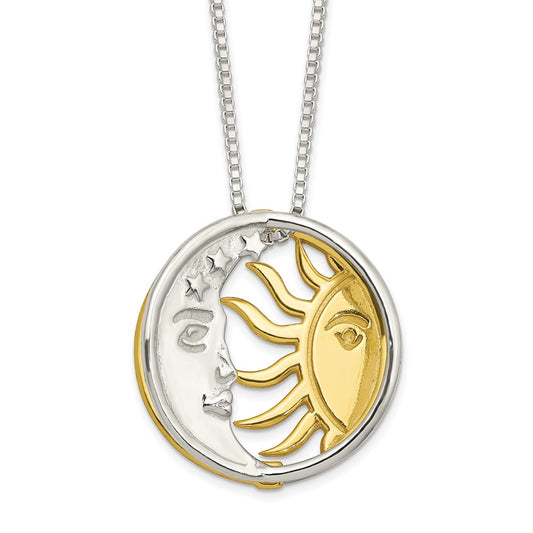 Sterling Silver & Gold-tone Polished Sun & Moon Necklace 18 Inches