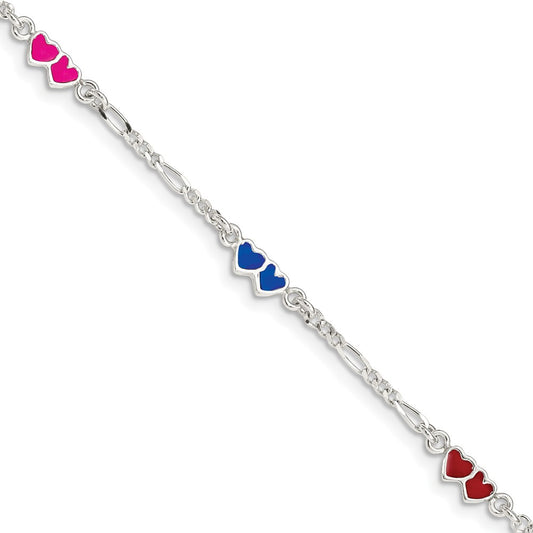 Sterling Silver Polished & Multi-color Enameled Double Heart with 1 Inch Extension Children's Bracelet 6 inches