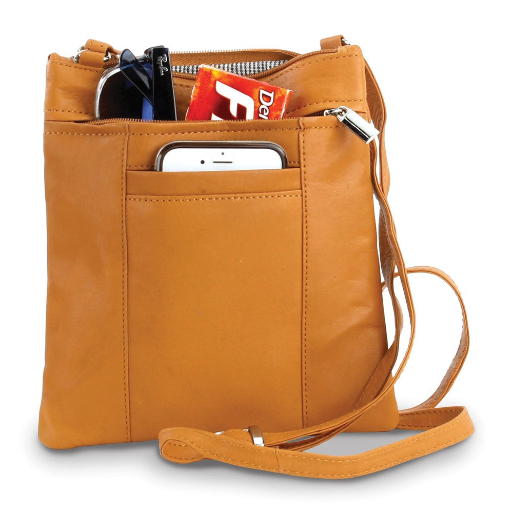 Tan Leather Triple-Zip Multi-Pocket Crossbody Bag with Adjustable Shoulder Strap