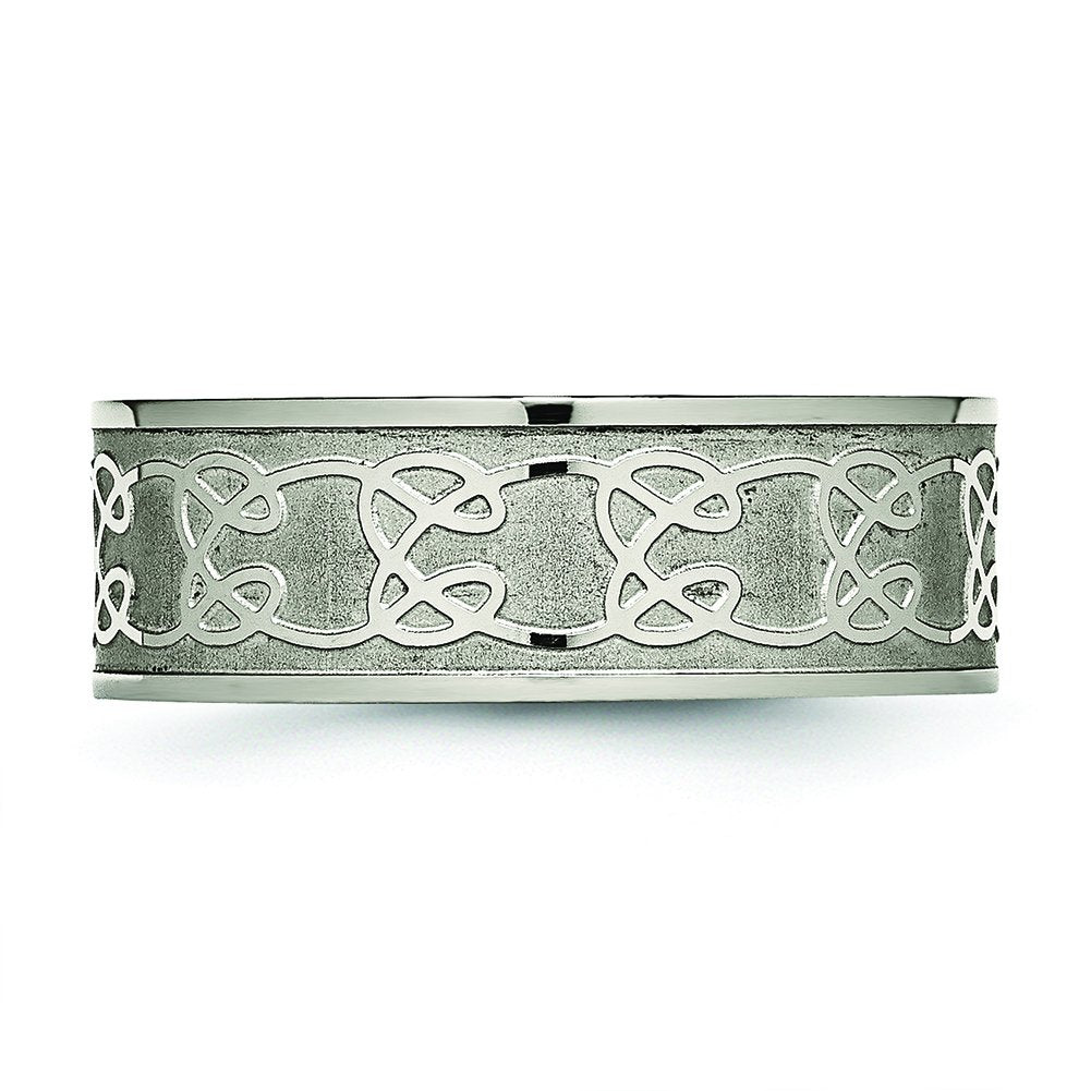 Titanium Brushed Center 8mm Scroll Design Band Size - 8.5