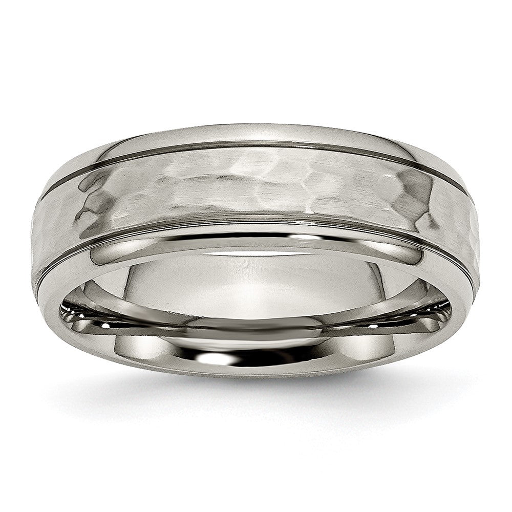 Titanium Polished and Hammered 7mm Grooved Edge Band Size - 8