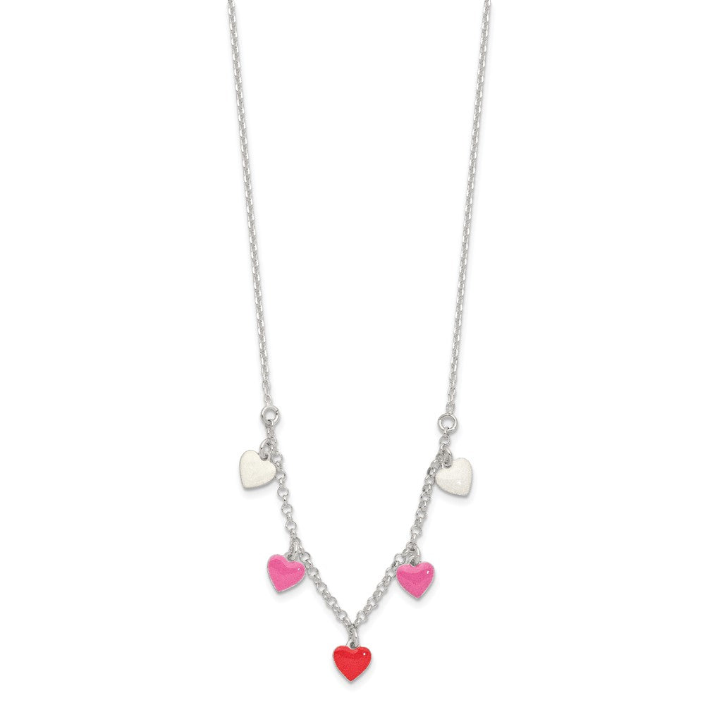 Sterling Silver Polished Pink/Red/White Enamel Heart Children's Necklace 14 Inches