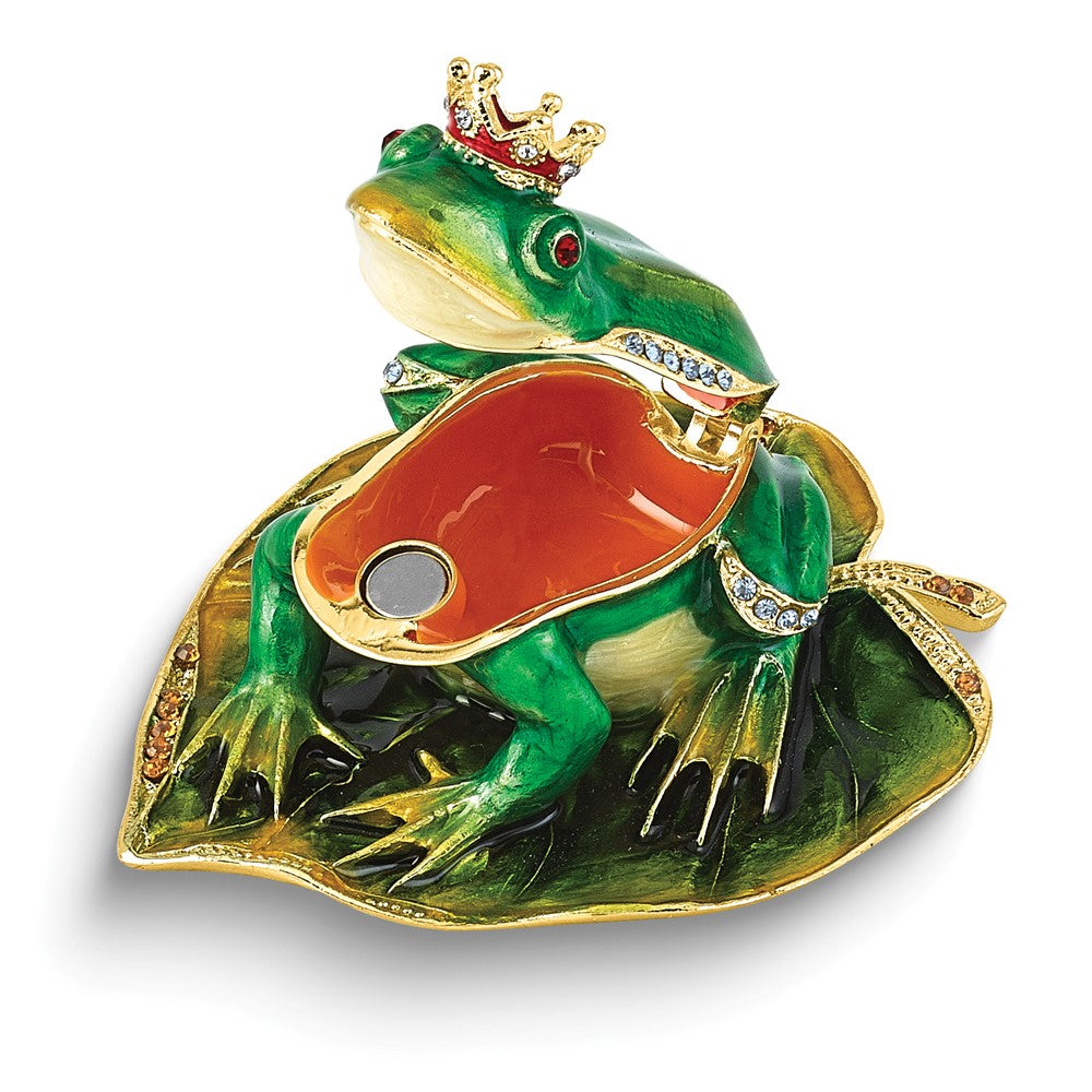 Luxury Giftware by Jere Bejeweled FLOATEY Frog Prince on Lily Pad Trinket Box with Matching 18 inch Necklace