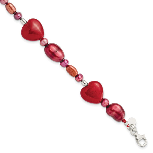 Sterling Silver Red Jade Hearts/FW Cultured Pearl Bracelet 7.5 inches