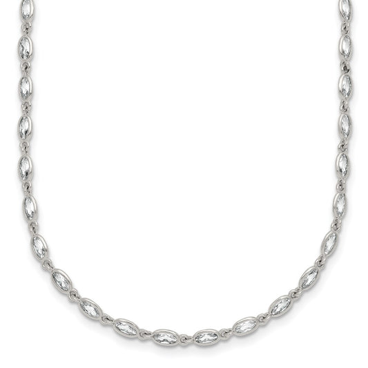Sterling Silver Polished Oval Bezel CZ 16 Inch with 2 Inch Extension Necklace