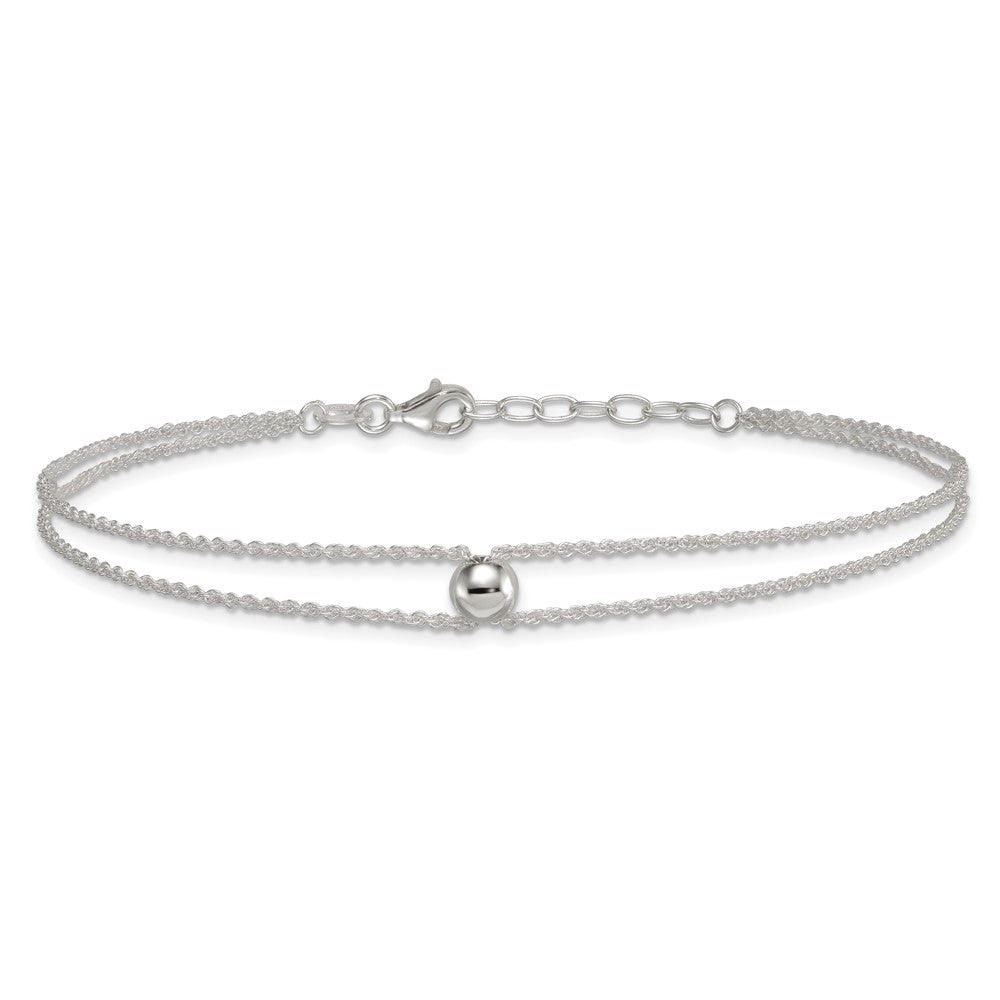 Sterling Silver Polished Double Strand with 6mm Bead 9 inch with 1 inch Extension Anklet