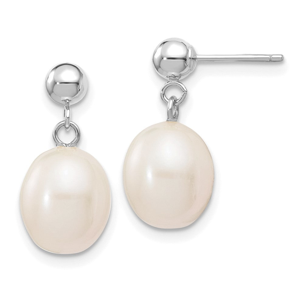 10k White Gold 8-9mm White Rice Freshwater Cultured Pearl Dangle Post Earrings