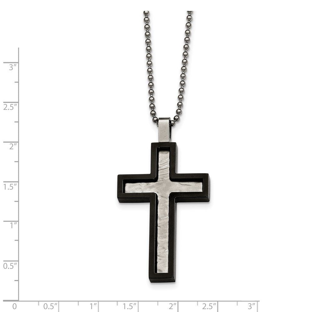 Stainless Steel Brushed and Polished Hammered Black IP Cross Necklace