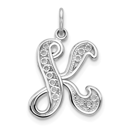 14KW White Gold Solid Polished Script Filigree Letter K Initial Pendant