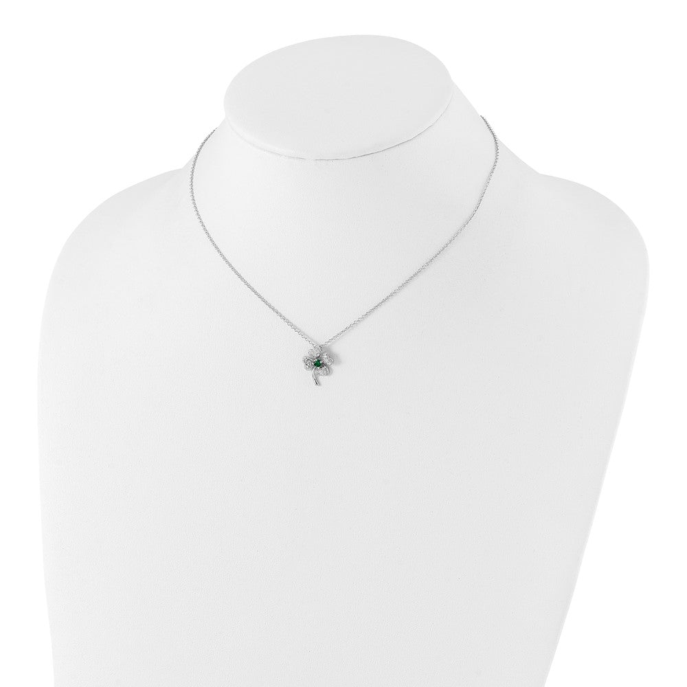 Cheryl M Sterling Silver Rhodium-plated Brilliant-cut Green Glass and Brilliant-cut White CZ Four Leaf Clover 15 Inch Necklace 15 Inches