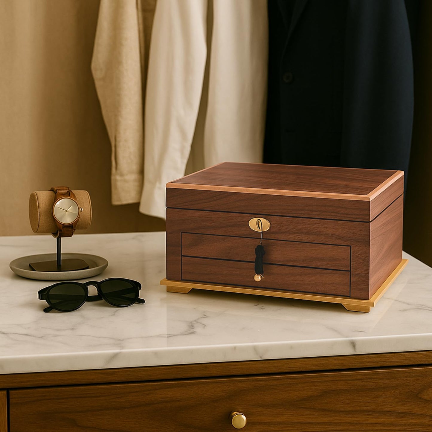 Walnut Lacquered Wood 3 Level Jewelry Box