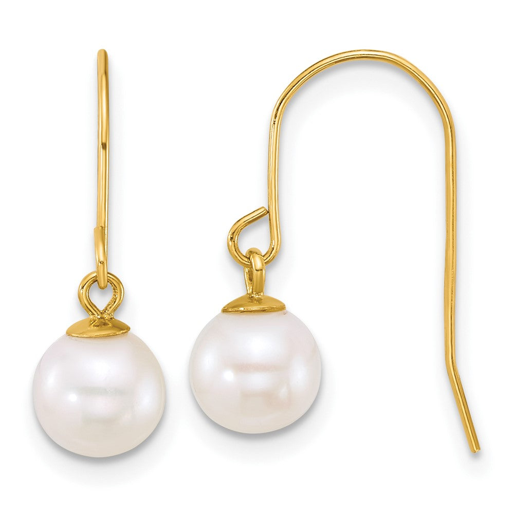10k Polished 6-7mm Round White Freshwater Culture Pearl Dangle Shepherd Hook Earrings