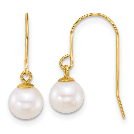 10k Polished 6-7mm Round White Freshwater Culture Pearl Dangle Shepherd Hook Earrings