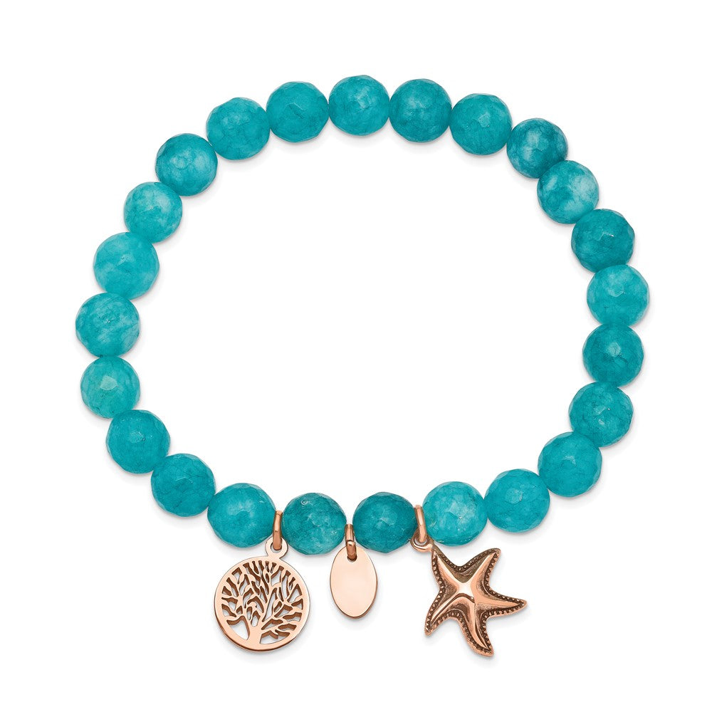Stainless Steel Antiqued & Polished Rose IP Starfish Aqua Dyed Jade Bracele 6 inches