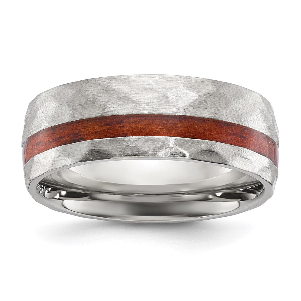 Chisel Stainless Steel Brushed and Hammered with Wood Inlay 8mm Band Size - 12.5