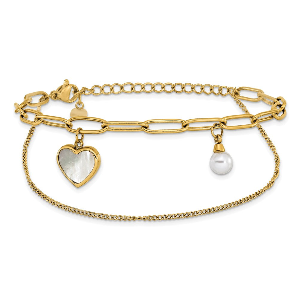 Chisel Stainless Steel Polished Yellow IP-plated Mother of Pearl Heart and Simulated Pearl 6.5 inch Plus a 2 inch Extension Bracelet 8.5 inches