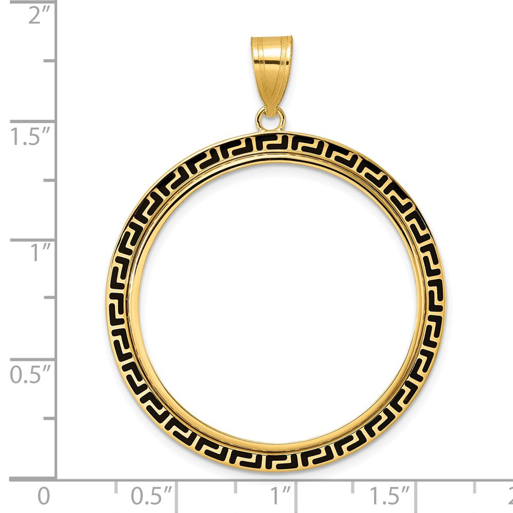 14k Polished and Black Enamel Greek Key with 32.0mm Prong Coin Bezel Pendan