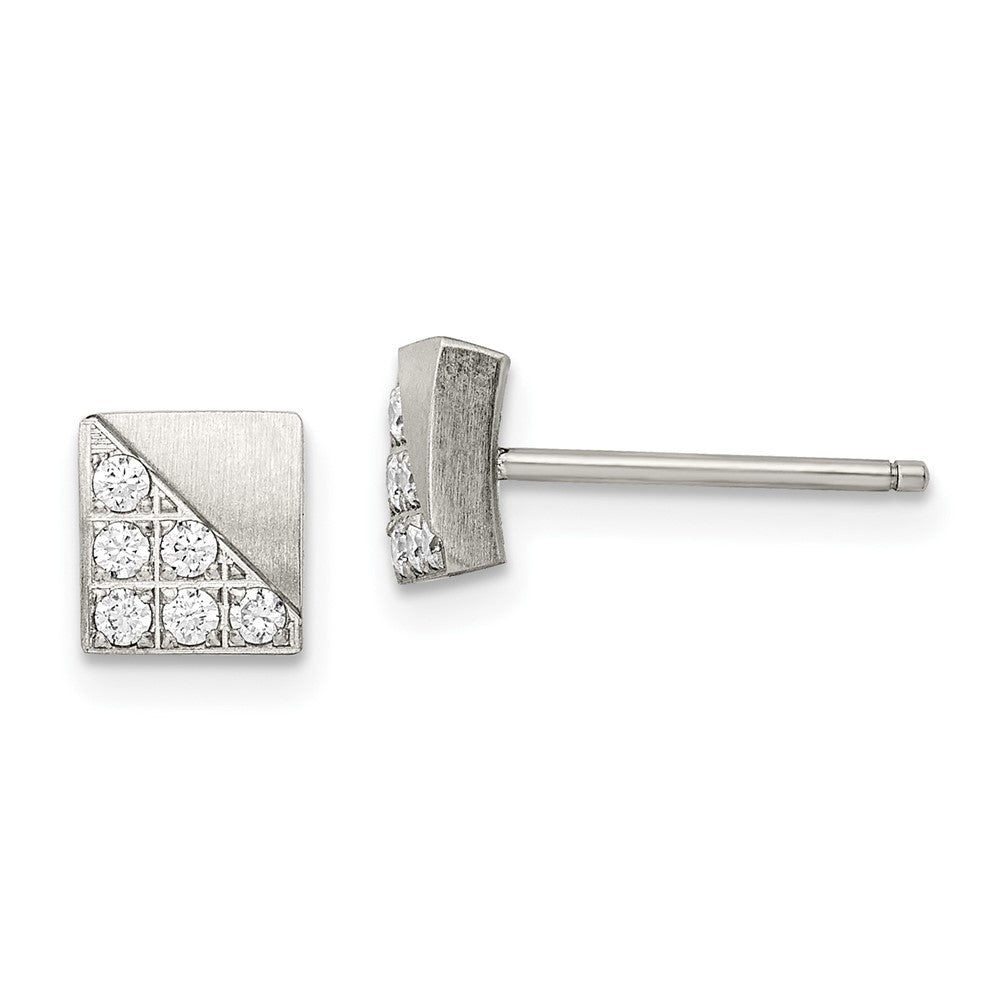Stainless Steel Brushed w/CZ Square Post Earrings