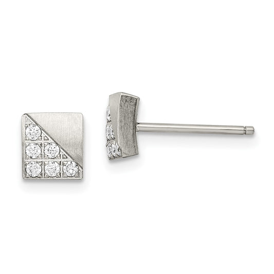 Stainless Steel Brushed w/CZ Square Post Earrings