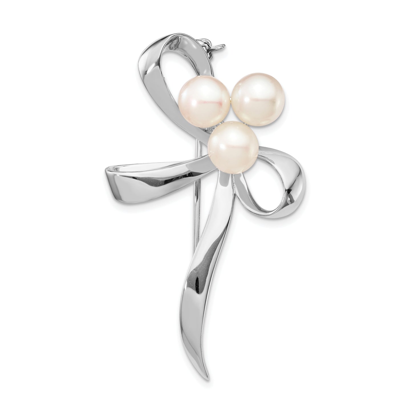 Sterling Silver Rhodium-plated 7-8mm White Button Freshwater Cultured Pearl Bow Brooch QQP5044