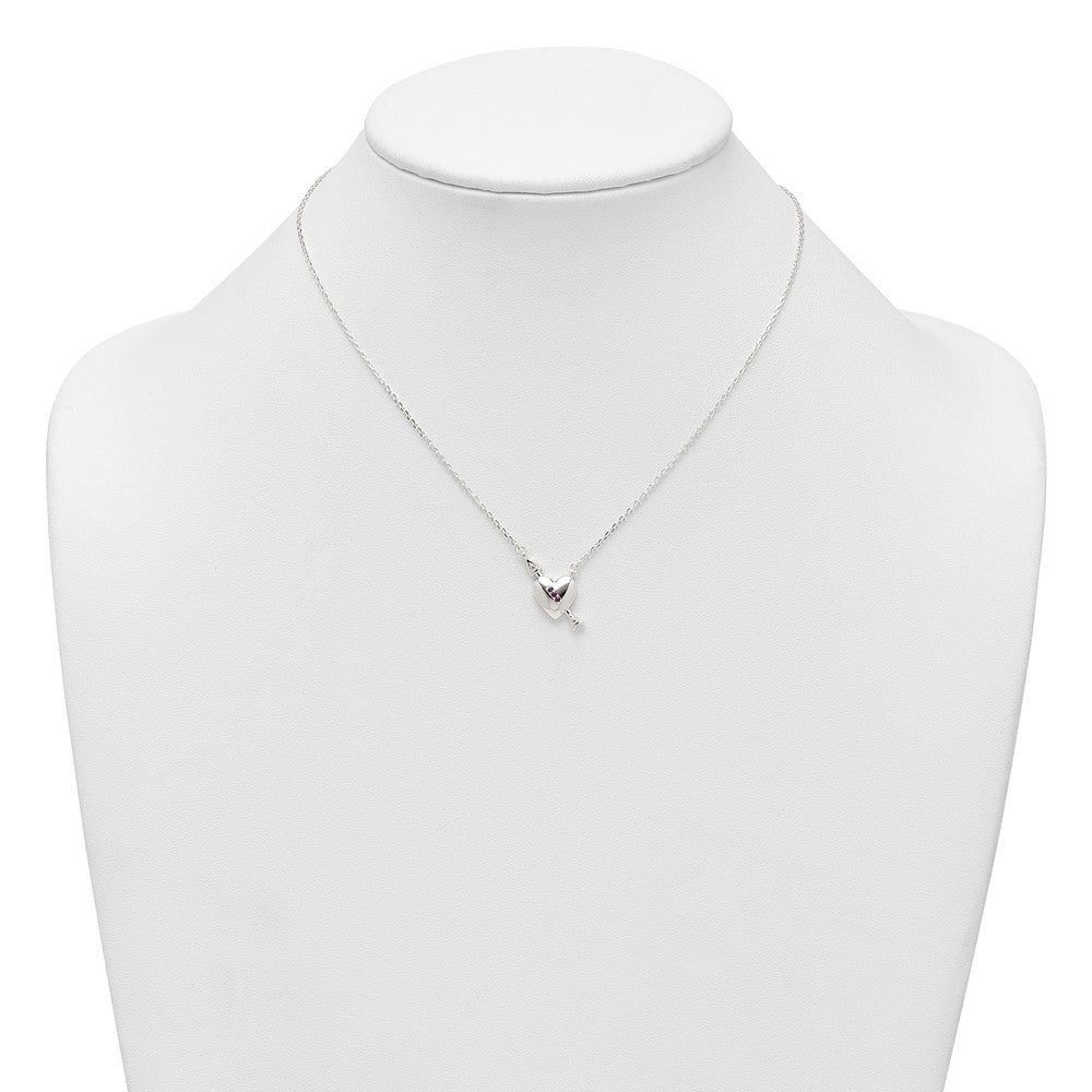 Sterling Silver Polished Pink and White CZ Heart and Arrow 16 inch with 2 inch Extension Necklace