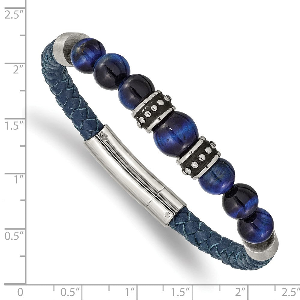 Stainless Steel Antiqued and Polished Blue Tiger's Eye Leather Bracelet 8.25 inches