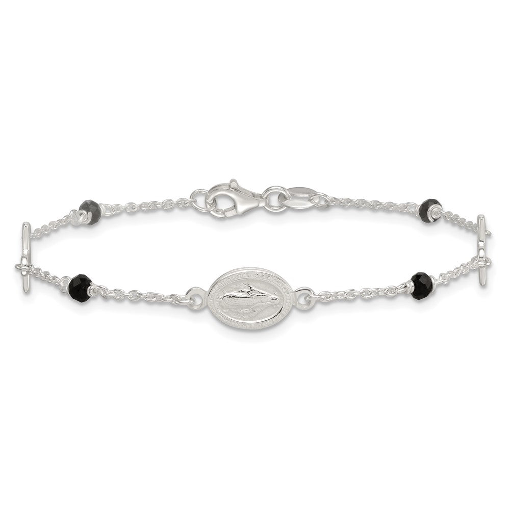 Sterling Silver Polished Spanish Miraculous Medal and Crosses with Black Glass Beads 7.5 inch Bracelet