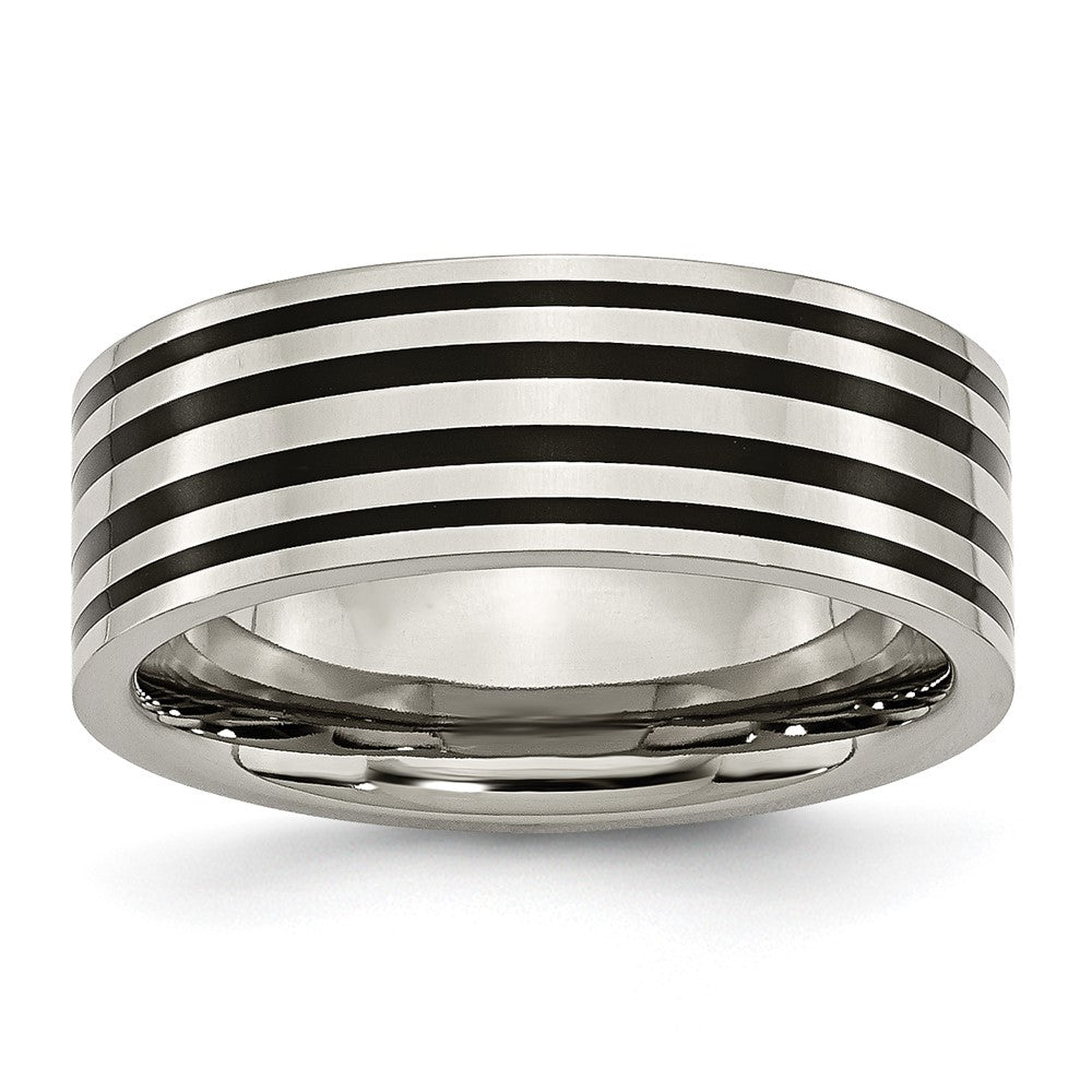 Titanium Polished Black Enamel Striped 8mm Flat Band Size - 7