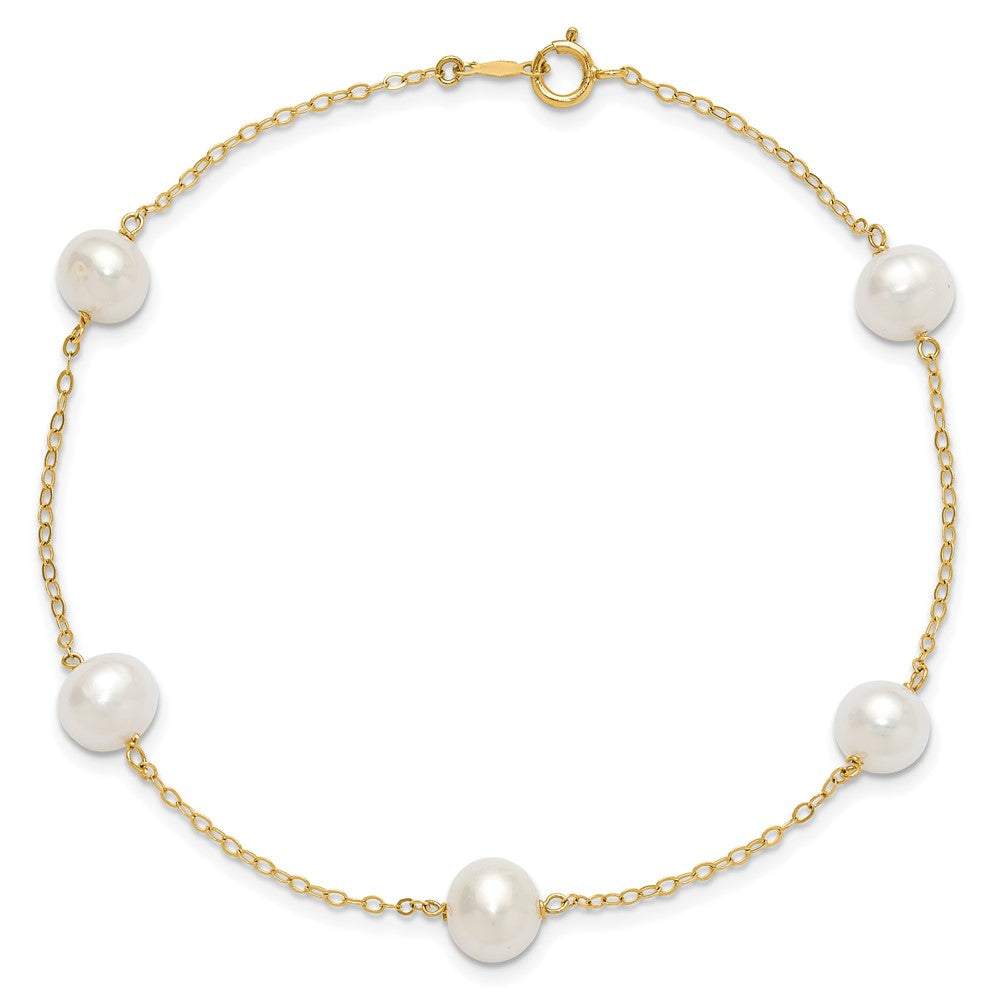14K 7-8mm White Near Round FW Cultured Pearl 5-station 9in Anklet 9 inches
