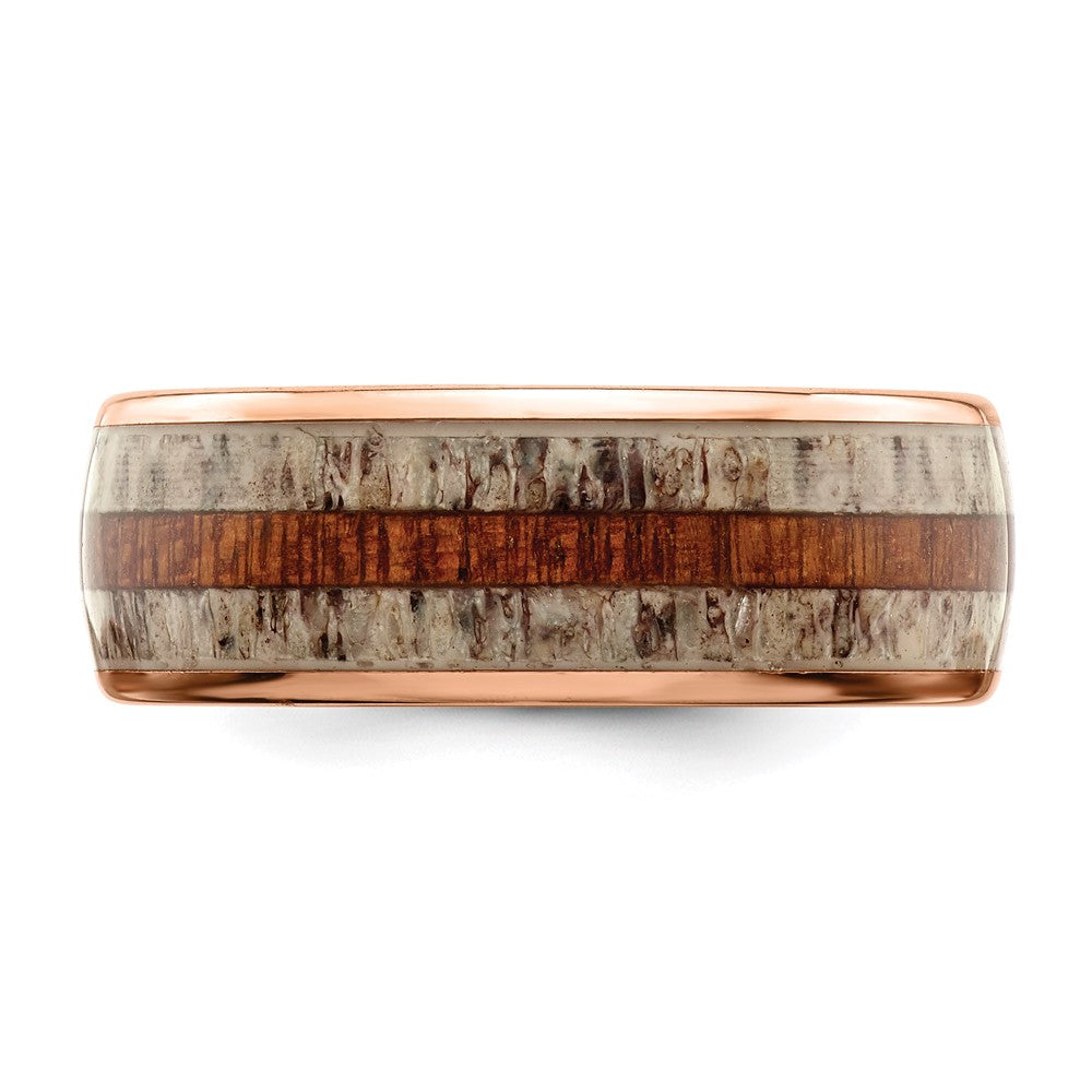 Stainless Steel Polished Rose IP w/Wood and Antler Inlay 8mm Band Size - 12.5