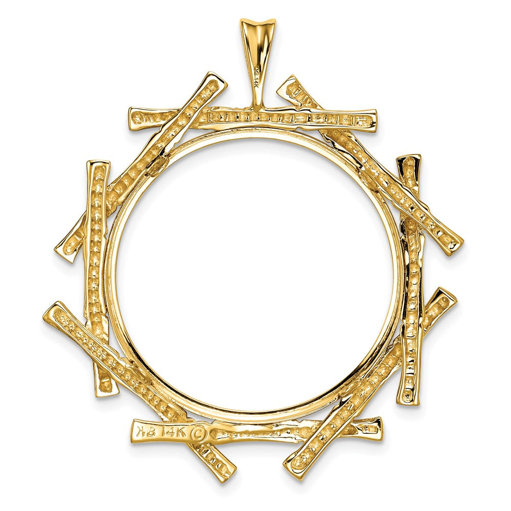 Wideband Distinguished Coin Jewelry 14k Polished and Textured Overlap Bamboo 27.0mm Prong Coin Bezel Pendant