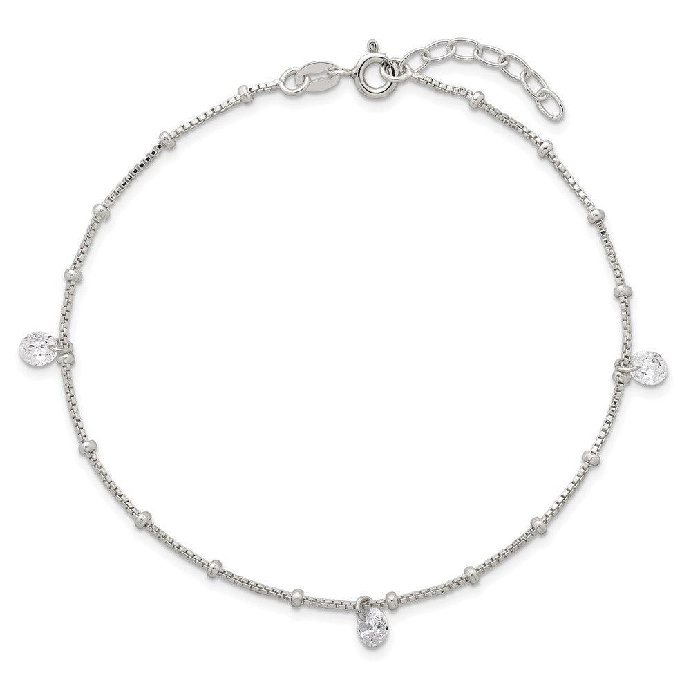 Sterling Silver Polished Beaded with White CZ Dangles 9 inch with 1 inch Extension Anklet
