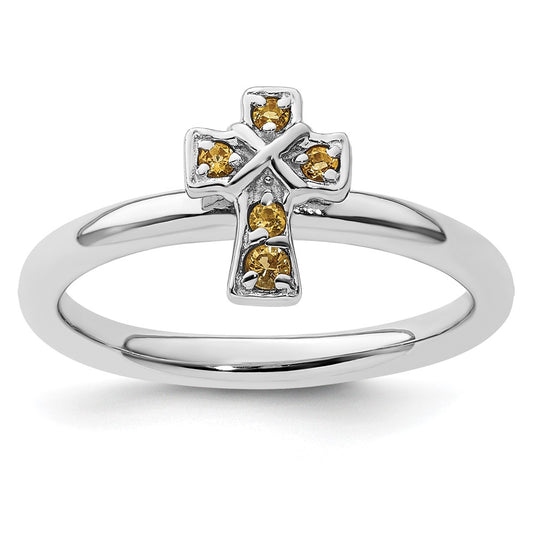 Sterling Silver Stackable Expressions Rhodium Citrine Cross Ring Size -10
