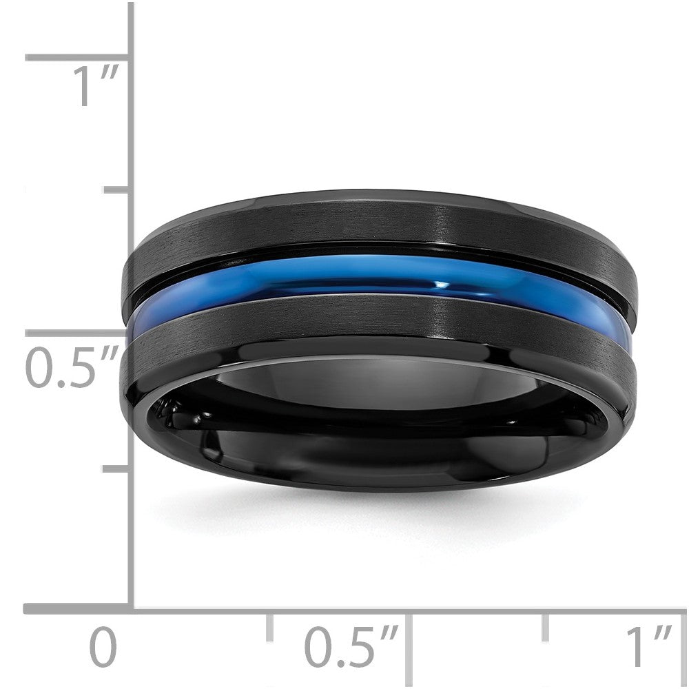 Black Titanium Brushed w/Polished Blue IP-plated Center 8mm Band Size - 10.5