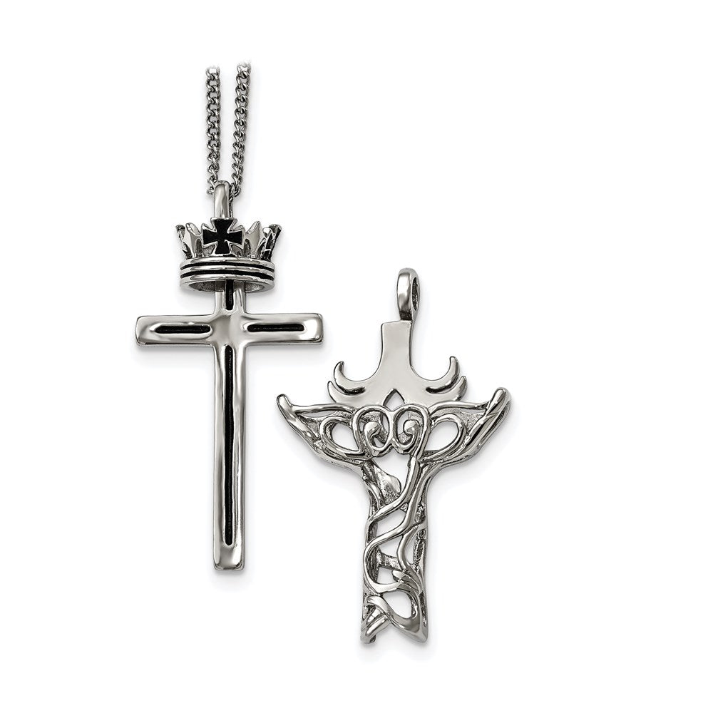 Stainless Steel Polished Enameled Crown/2 piece Cross 22in Necklace