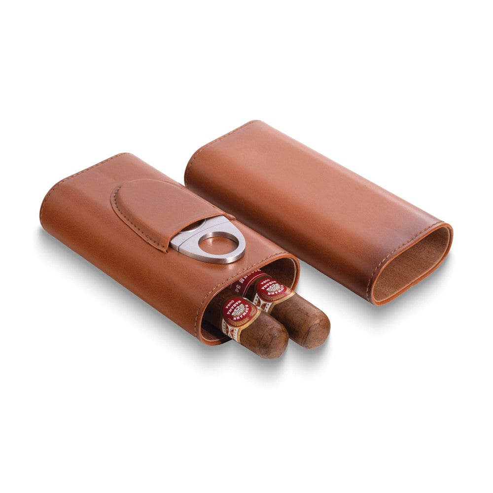 Brown Leather Three Cigar Holder with Stainless Steel Cutter Set