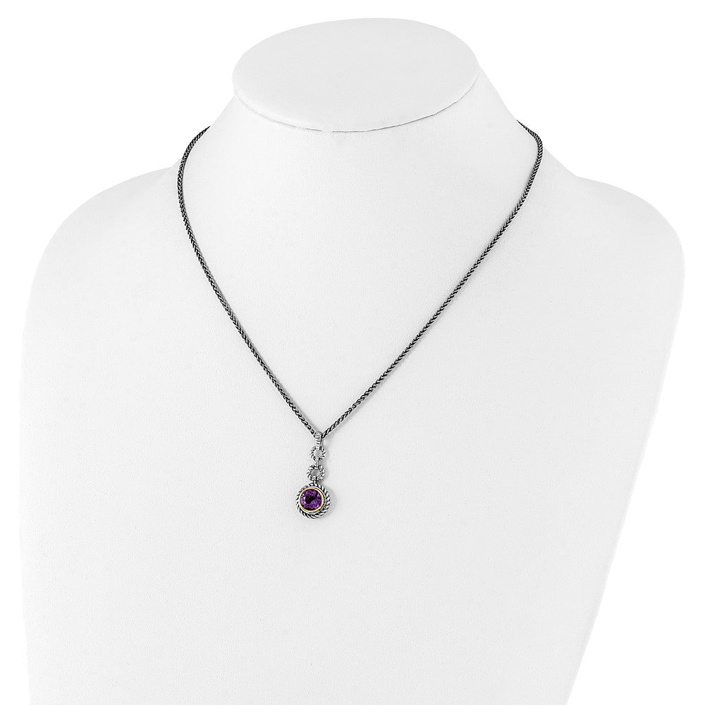 Shey Couture Sterling Silver Gold-tone Flash Gold-plated 18 Inch Antiqued Round Bezel Amethyst Necklace 18 Inches