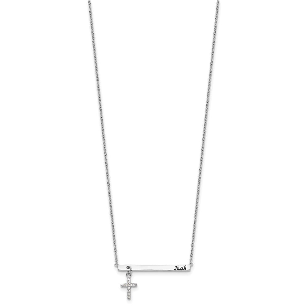 Sterling Silver RH-plated CZ Cross Black Enamel FAITH Bar Necklace 16 Inches